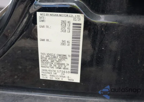 2019 Nissan Altima 2.5 Sl z USA, uszkodzony, nr VIN 1N4BL4EV7KC175610